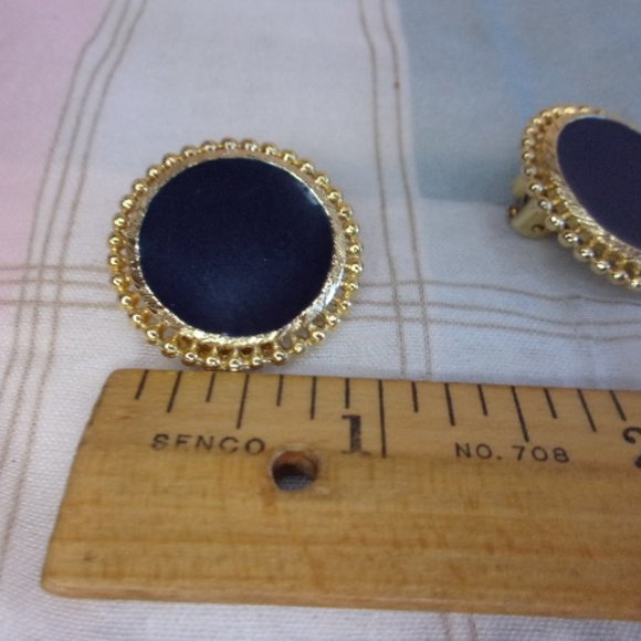 Navy Blue Enamel Gold Tone Disc Clip Earrings - Picture 6 of 6